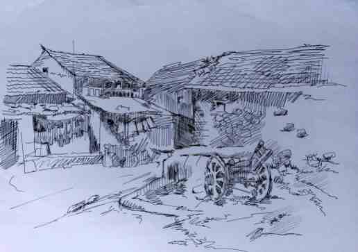 An original pen and ink drawing of rural indian village by sketches by nitesh