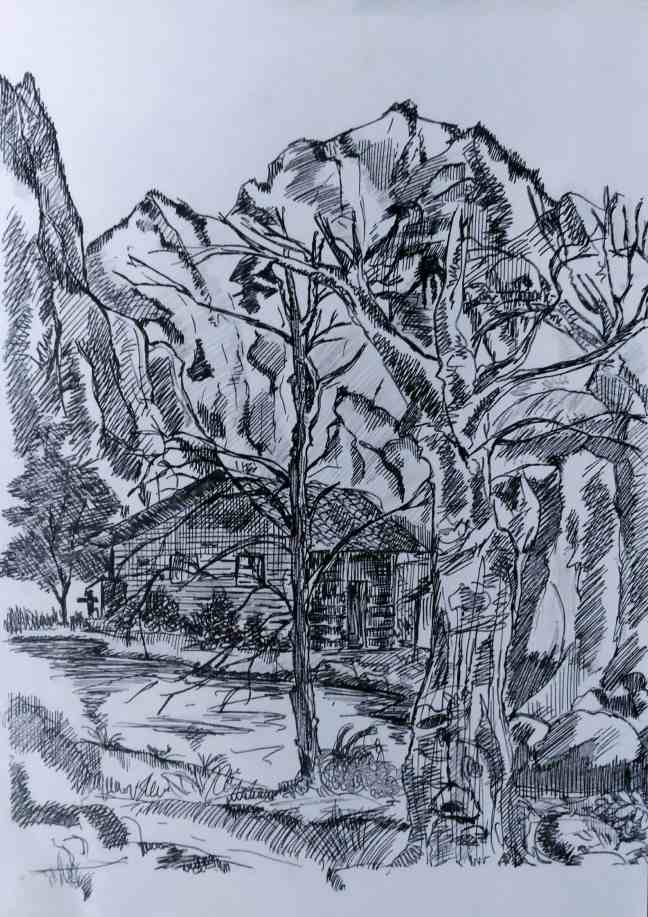A landscape done using pen and ink by sketches by nitesh.