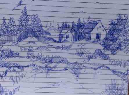 pen drawing of river bank and huts done using pilot pen